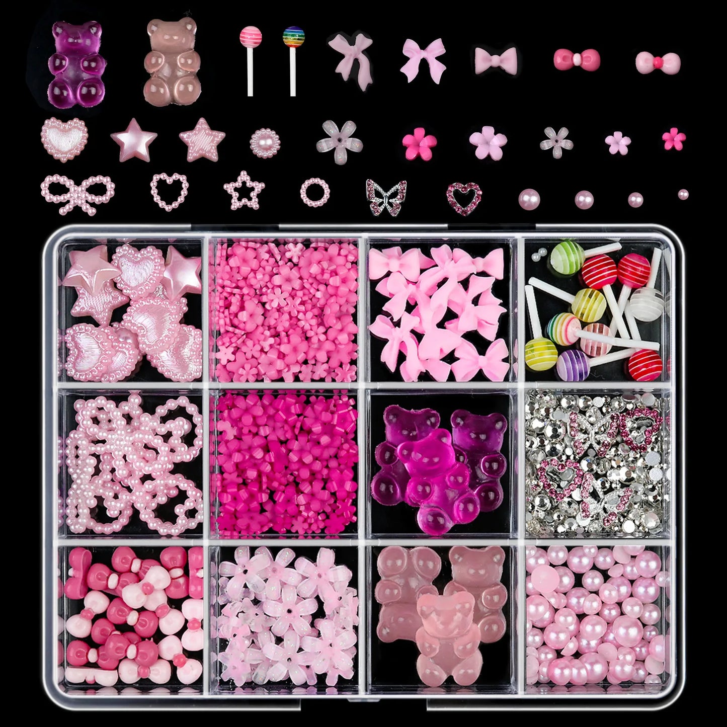 500Pcs/Box 3D Bow Nail Charms Large Box Flatback Pearls Set Nail Bows Charm + Pink&White Star Heart Moon Cute Nail Jewels