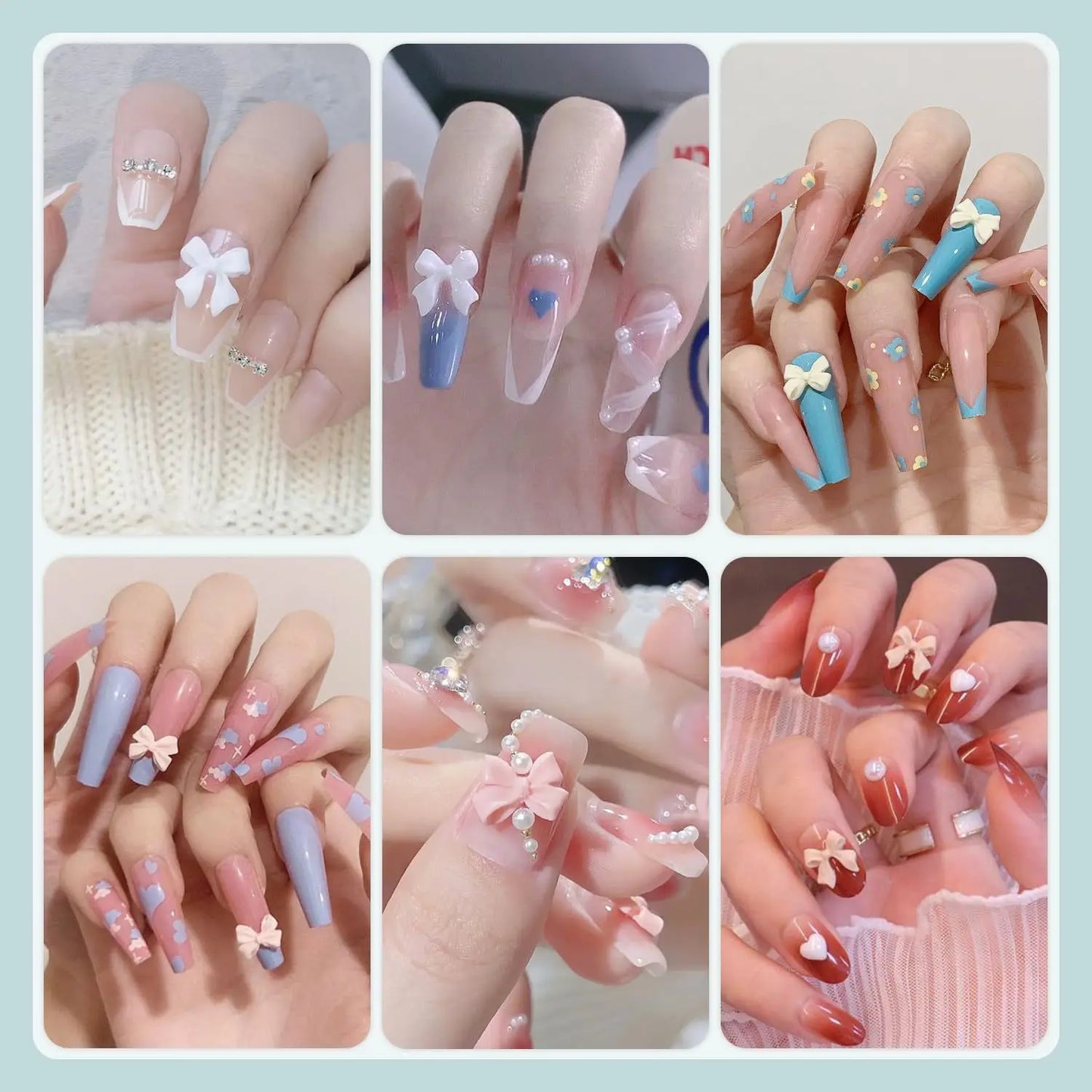 500Pcs/Box 3D Bow Nail Charms Large Box Flatback Pearls Set Nail Bows Charm + Pink&White Star Heart Moon Cute Nail Jewels
