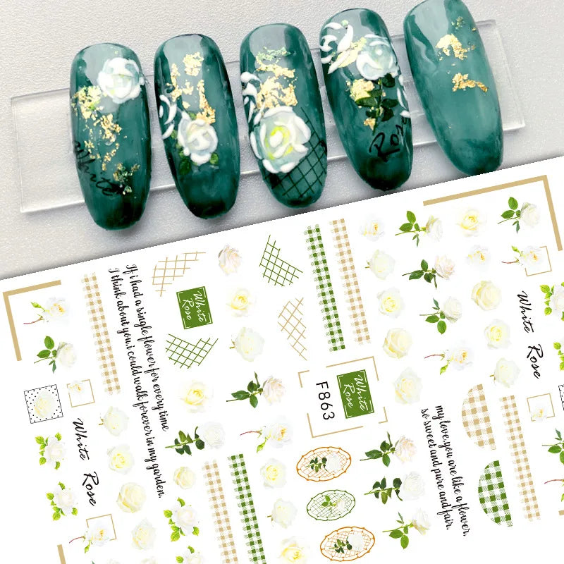 DIY Luxury Floral 3D Self-Adhesive Nail Sticker Red Rose Flower Nail Decorative Nail Sticker Pink Sakura Nail Slider