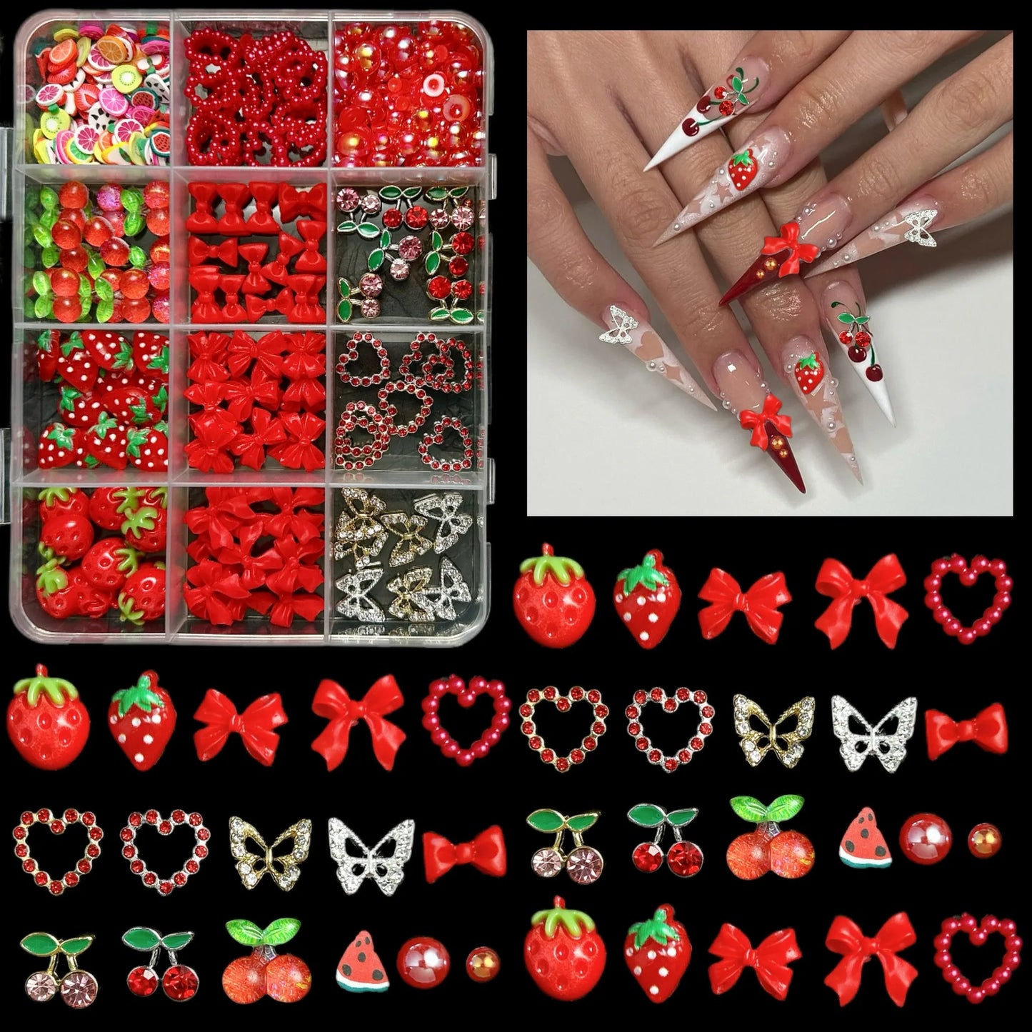 500Pcs/Box 3D Bow Nail Charms Large Box Flatback Pearls Set Nail Bows Charm + Pink&White Star Heart Moon Cute Nail Jewels