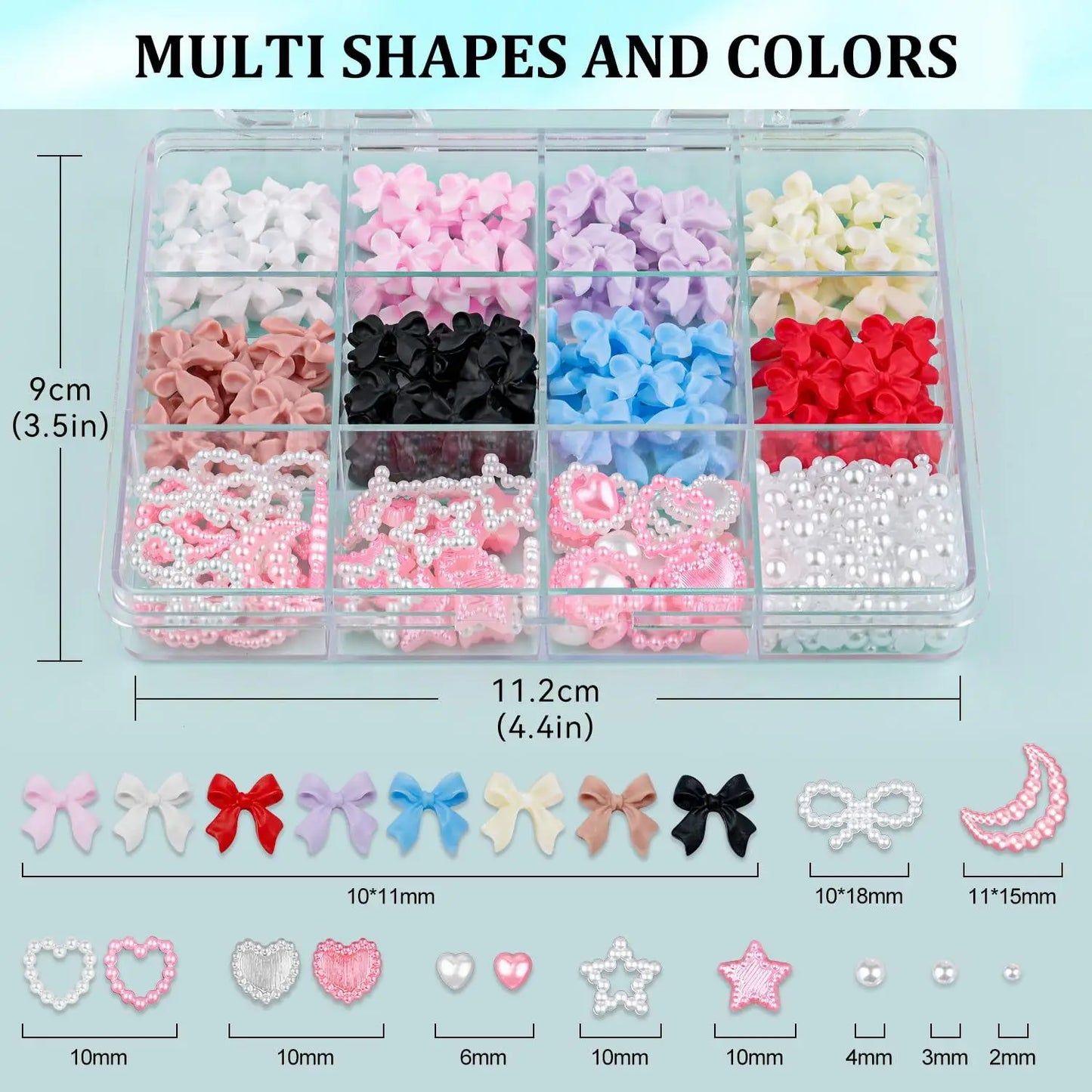 500Pcs/Box 3D Bow Nail Charms Large Box Flatback Pearls Set Nail Bows Charm + Pink&White Star Heart Moon Cute Nail Jewels