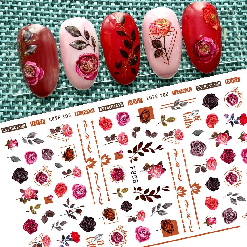 DIY Luxury Floral 3D Self-Adhesive Nail Sticker Red Rose Flower Nail Decorative Nail Sticker Pink Sakura Nail Slider