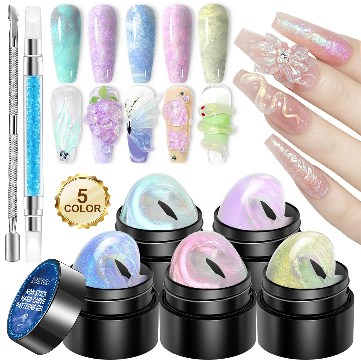 LIMEGIRL Non Stick Hand Engraving Pattern Gel kit with Engraving Pen 3D Art DIY Colored Sparkling Nail Extension Gel kit