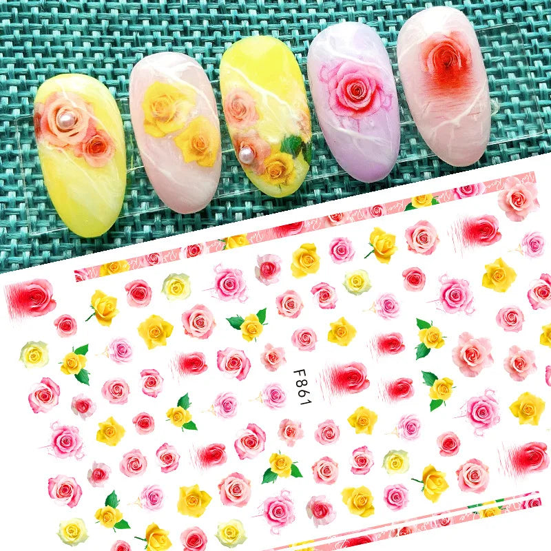 DIY Luxury Floral 3D Self-Adhesive Nail Sticker Red Rose Flower Nail Decorative Nail Sticker Pink Sakura Nail Slider