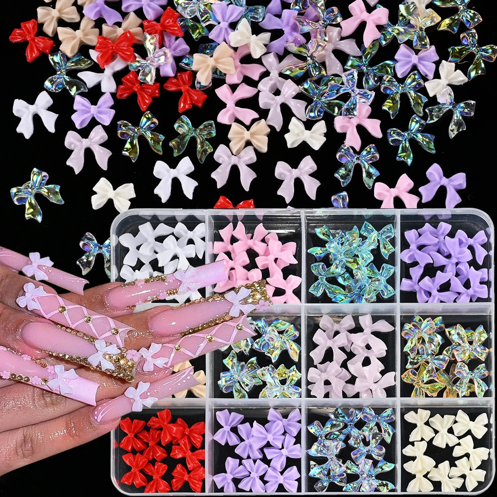 500Pcs/Box 3D Bow Nail Charms Large Box Flatback Pearls Set Nail Bows Charm + Pink&White Star Heart Moon Cute Nail Jewels
