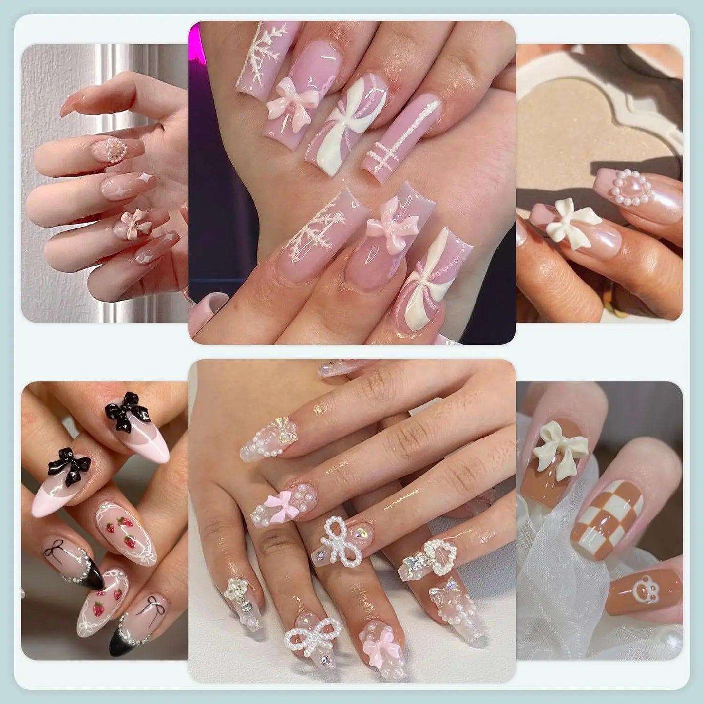 500Pcs/Box 3D Bow Nail Charms Large Box Flatback Pearls Set Nail Bows Charm + Pink&White Star Heart Moon Cute Nail Jewels