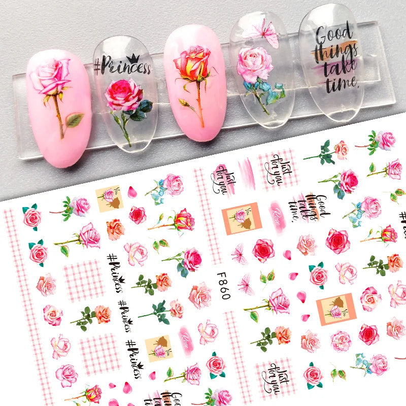 DIY Luxury Floral 3D Self-Adhesive Nail Sticker Red Rose Flower Nail Decorative Nail Sticker Pink Sakura Nail Slider