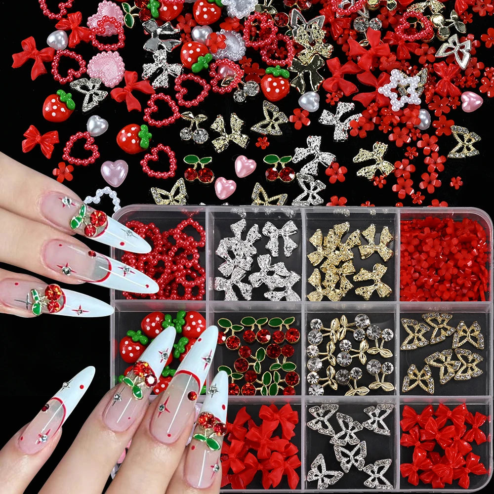500Pcs/Box 3D Bow Nail Charms Large Box Flatback Pearls Set Nail Bows Charm + Pink&White Star Heart Moon Cute Nail Jewels