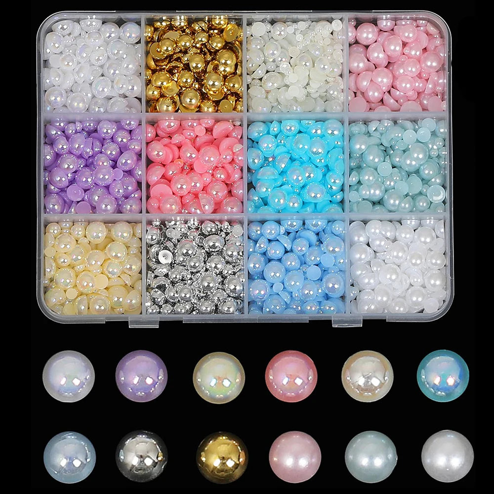 500Pcs/Box 3D Bow Nail Charms Large Box Flatback Pearls Set Nail Bows Charm + Pink&White Star Heart Moon Cute Nail Jewels
