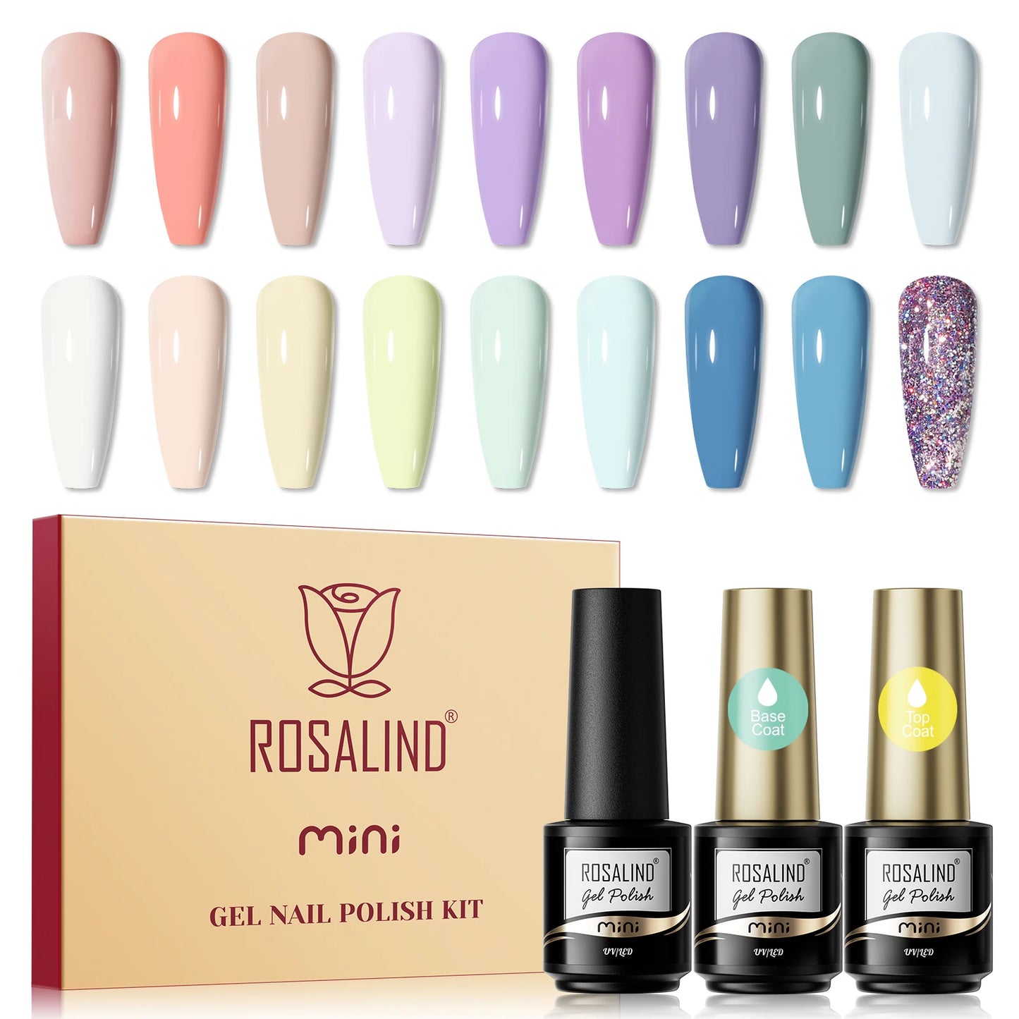 ROSALIND 20/30pcs Mini Gel Nail Polish Set with Base Top Matte Effect Semi Permanent Soak Off for Nail Art Decoration