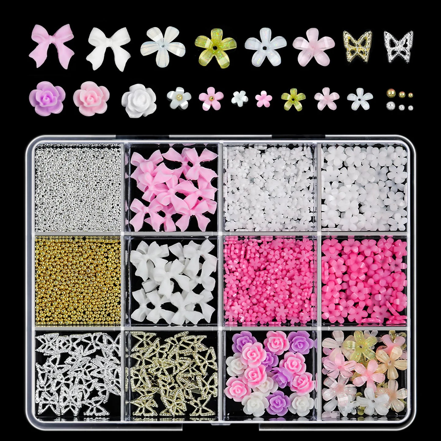 500Pcs/Box 3D Bow Nail Charms Large Box Flatback Pearls Set Nail Bows Charm + Pink&White Star Heart Moon Cute Nail Jewels