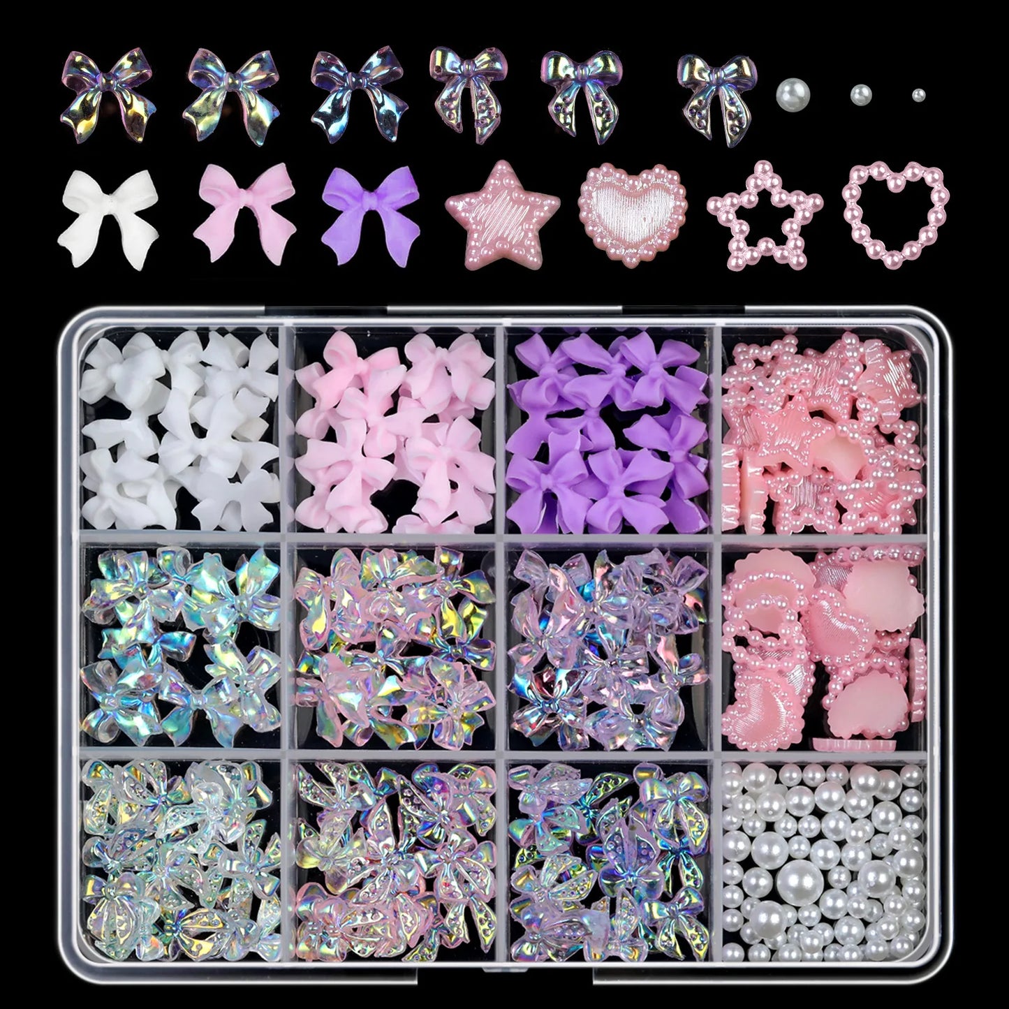500Pcs/Box 3D Bow Nail Charms Large Box Flatback Pearls Set Nail Bows Charm + Pink&White Star Heart Moon Cute Nail Jewels