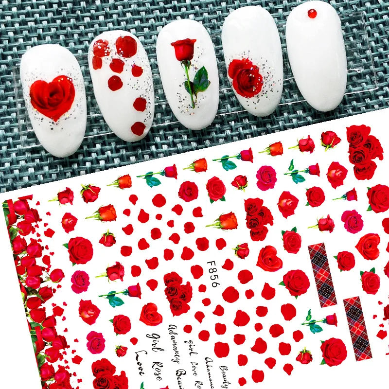 DIY Luxury Floral 3D Self-Adhesive Nail Sticker Red Rose Flower Nail Decorative Nail Sticker Pink Sakura Nail Slider