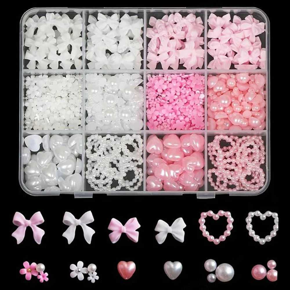 500Pcs/Box 3D Bow Nail Charms Large Box Flatback Pearls Set Nail Bows Charm + Pink&White Star Heart Moon Cute Nail Jewels