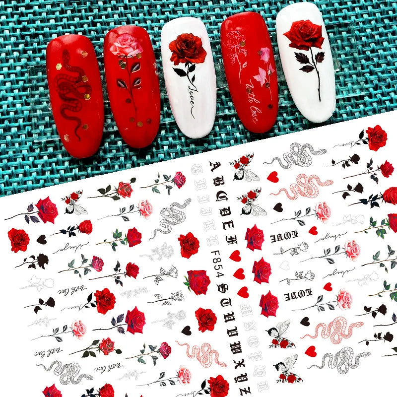 DIY Luxury Floral 3D Self-Adhesive Nail Sticker Red Rose Flower Nail Decorative Nail Sticker Pink Sakura Nail Slider