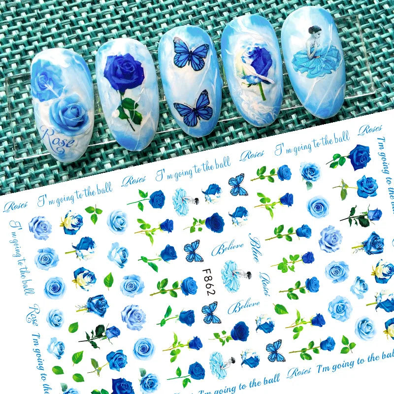 DIY Luxury Floral 3D Self-Adhesive Nail Sticker Red Rose Flower Nail Decorative Nail Sticker Pink Sakura Nail Slider