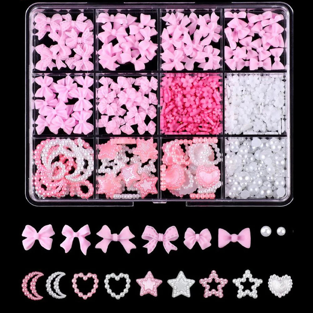 500Pcs/Box 3D Bow Nail Charms Large Box Flatback Pearls Set Nail Bows Charm + Pink&White Star Heart Moon Cute Nail Jewels