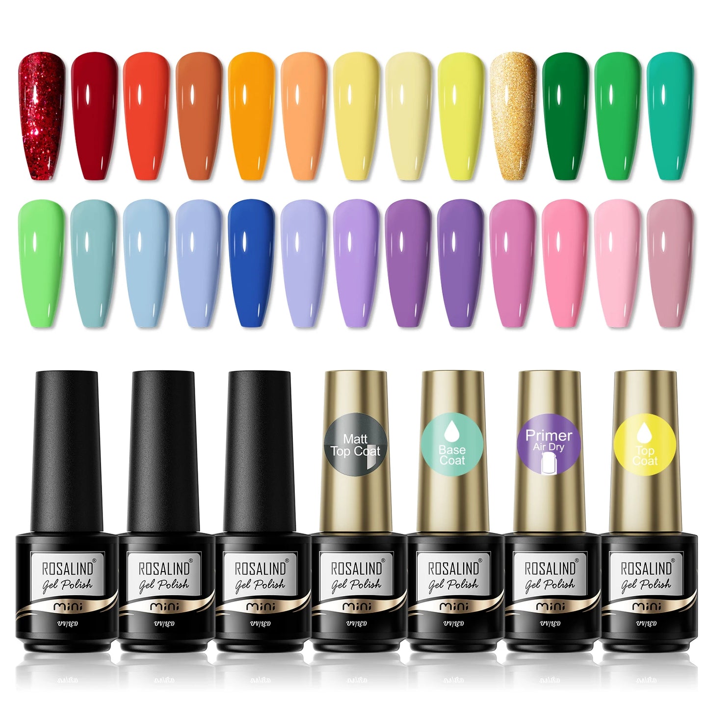 ROSALIND 20/30pcs Mini Gel Nail Polish Set with Base Top Matte Effect Semi Permanent Soak Off for Nail Art Decoration