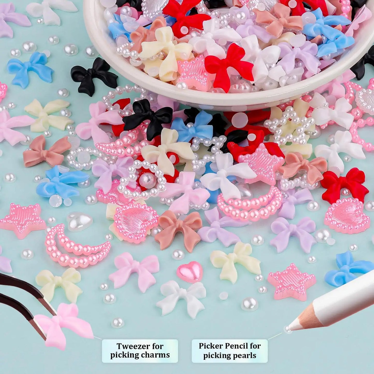 500Pcs/Box 3D Bow Nail Charms Large Box Flatback Pearls Set Nail Bows Charm + Pink&White Star Heart Moon Cute Nail Jewels