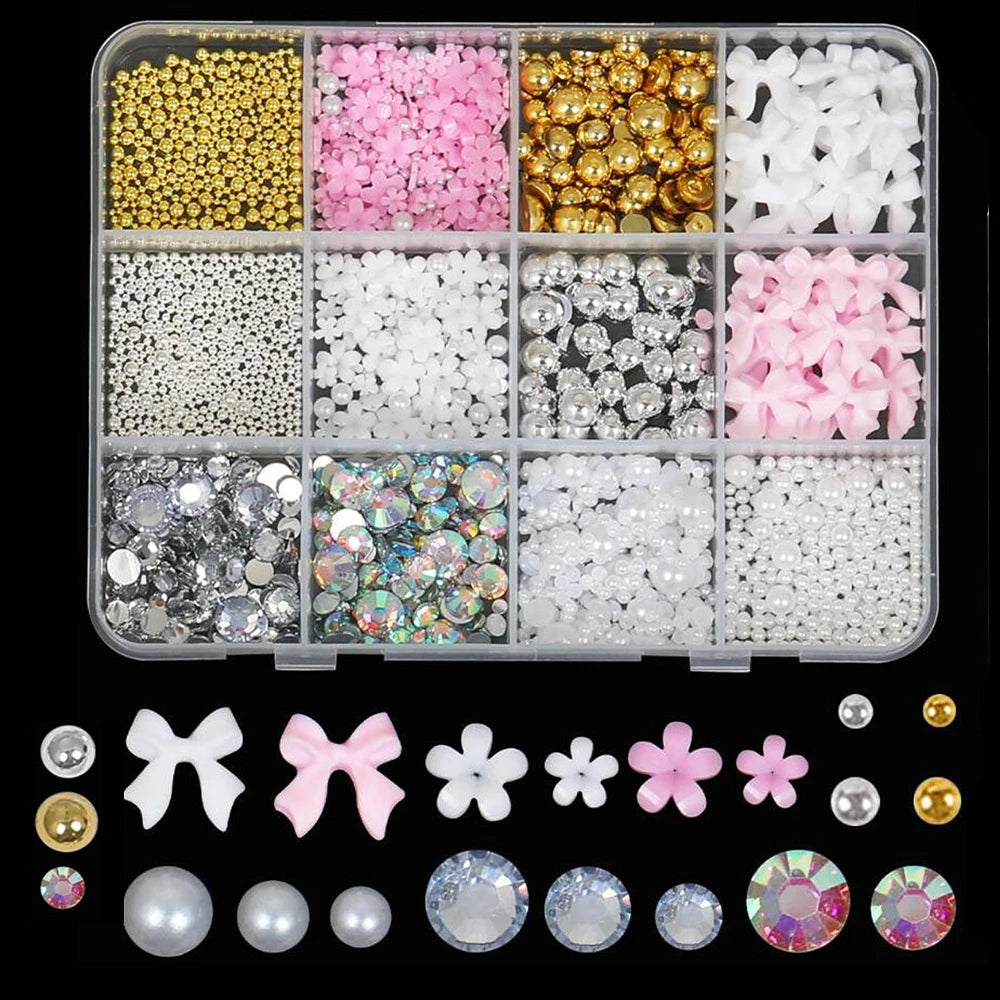 500Pcs/Box 3D Bow Nail Charms Large Box Flatback Pearls Set Nail Bows Charm + Pink&White Star Heart Moon Cute Nail Jewels