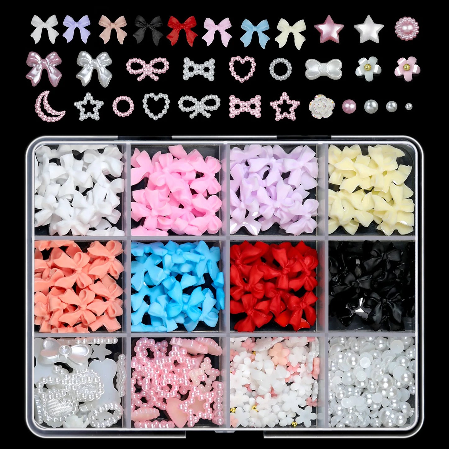 500Pcs/Box 3D Bow Nail Charms Large Box Flatback Pearls Set Nail Bows Charm + Pink&White Star Heart Moon Cute Nail Jewels