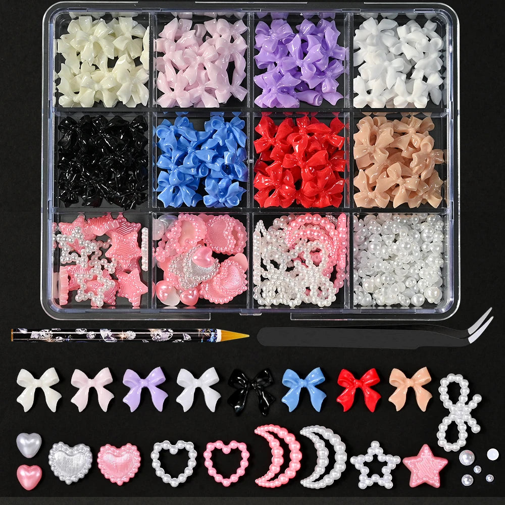 500Pcs/Box 3D Bow Nail Charms Large Box Flatback Pearls Set Nail Bows Charm + Pink&White Star Heart Moon Cute Nail Jewels