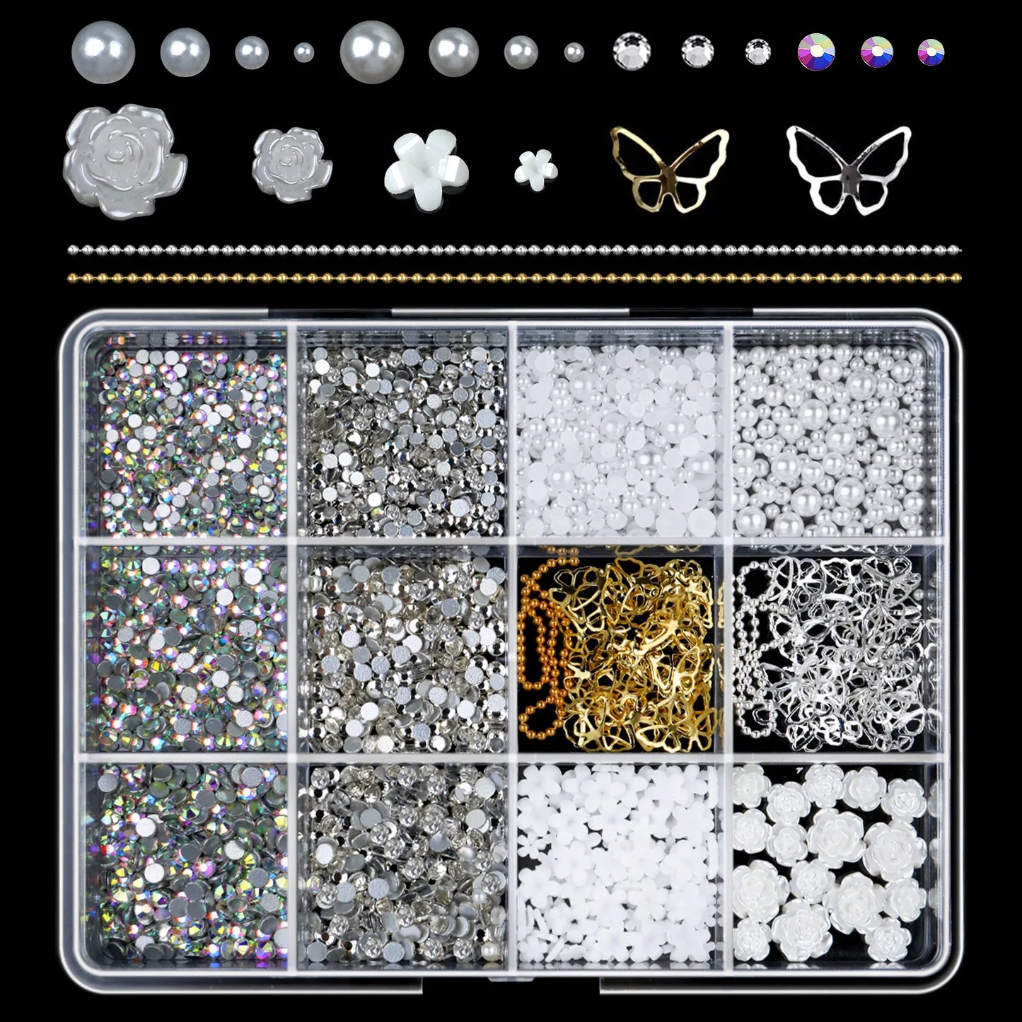 500Pcs/Box 3D Bow Nail Charms Large Box Flatback Pearls Set Nail Bows Charm + Pink&White Star Heart Moon Cute Nail Jewels