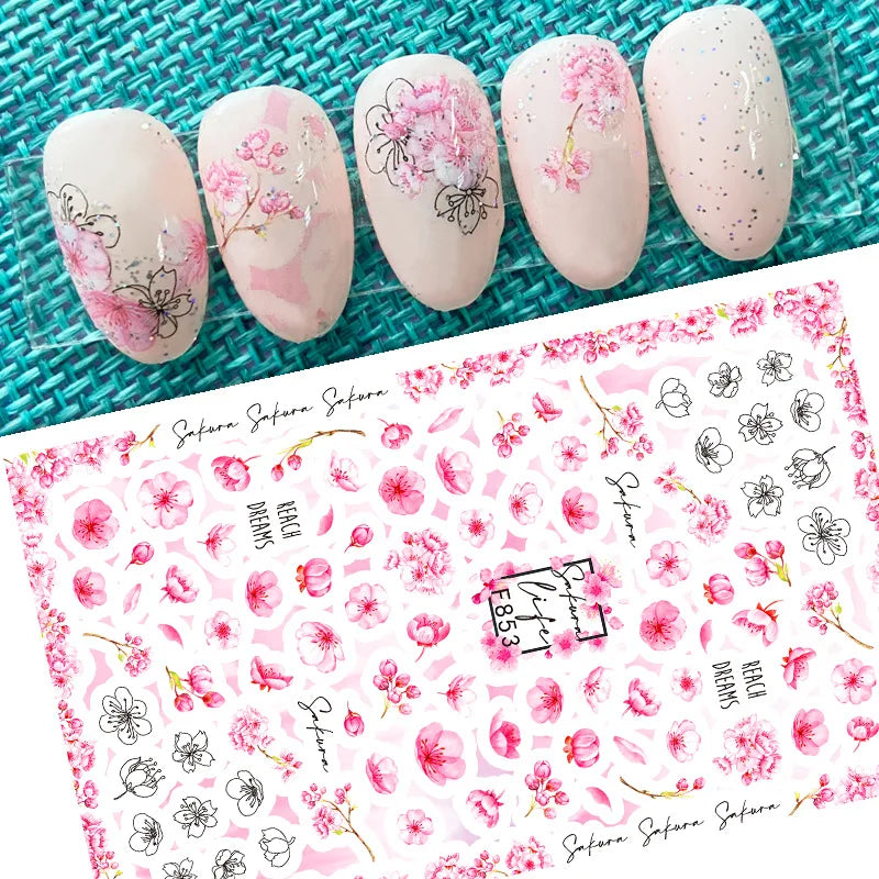 DIY Luxury Floral 3D Self-Adhesive Nail Sticker Red Rose Flower Nail Decorative Nail Sticker Pink Sakura Nail Slider