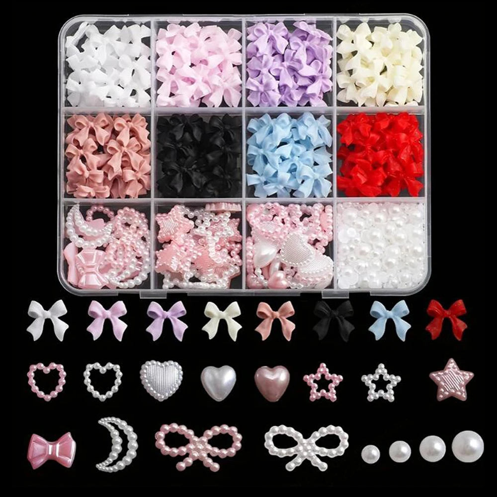 500Pcs/Box 3D Bow Nail Charms Large Box Flatback Pearls Set Nail Bows Charm + Pink&White Star Heart Moon Cute Nail Jewels