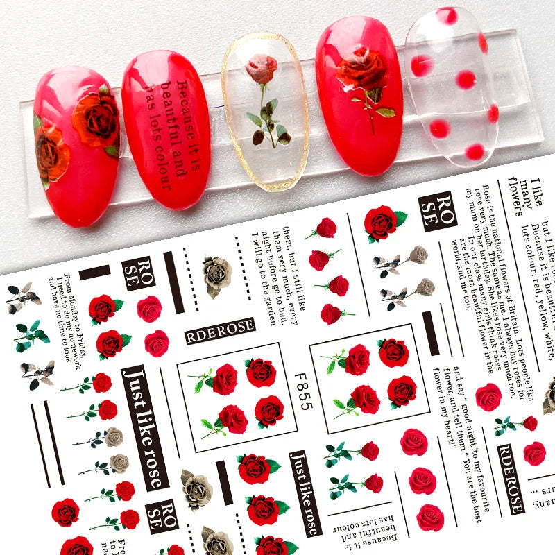 DIY Luxury Floral 3D Self-Adhesive Nail Sticker Red Rose Flower Nail Decorative Nail Sticker Pink Sakura Nail Slider