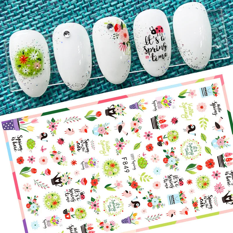 DIY Luxury Floral 3D Self-Adhesive Nail Sticker Red Rose Flower Nail Decorative Nail Sticker Pink Sakura Nail Slider