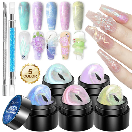 LIMEGIRL Non Stick Hand Engraving Pattern Gel kit with Engraving Pen 3D Art DIY Colored Sparkling Nail Extension Gel kit
