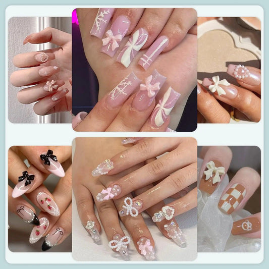 500Pcs/Box 3D Bow Nail Charms Large Box Flatback Pearls Set Nail Bows Charm + Pink&White Star Heart Moon Cute Nail Jewels