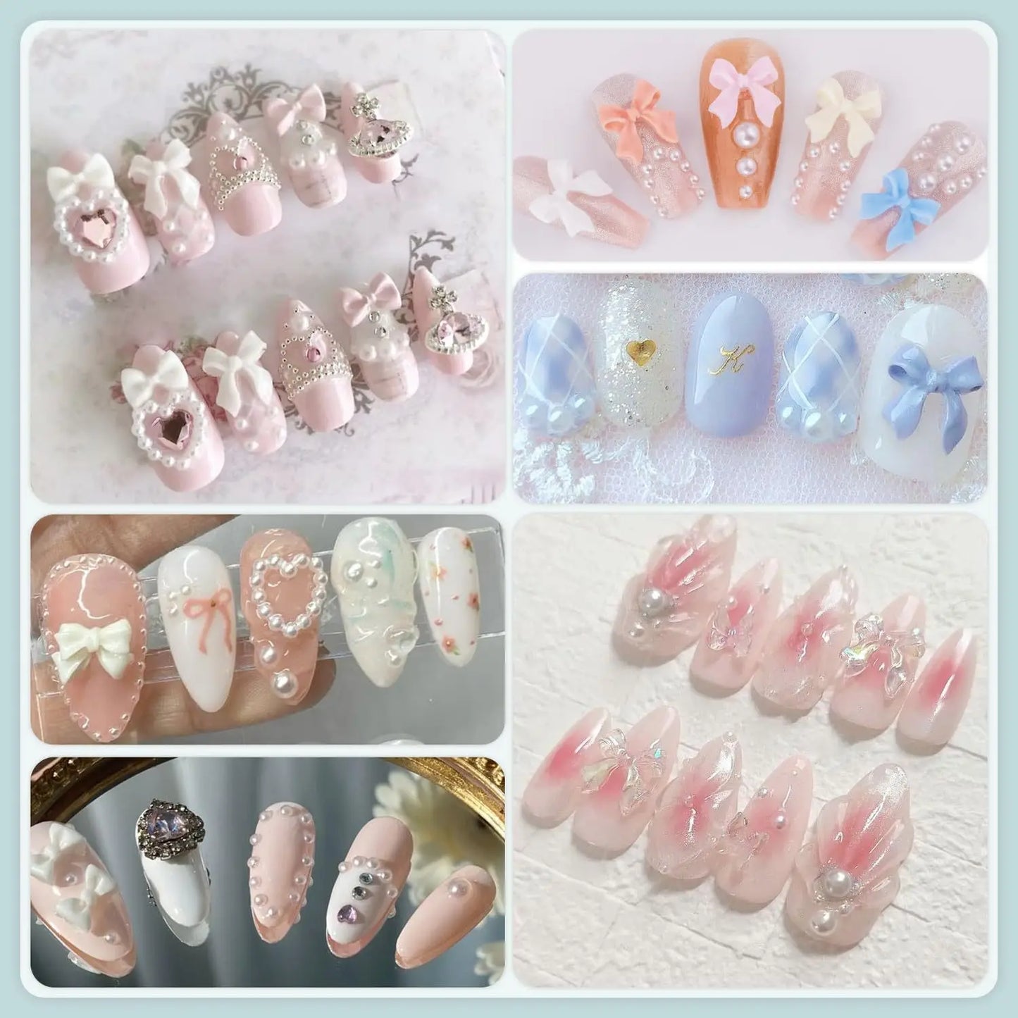 500Pcs/Box 3D Bow Nail Charms Large Box Flatback Pearls Set Nail Bows Charm + Pink&White Star Heart Moon Cute Nail Jewels