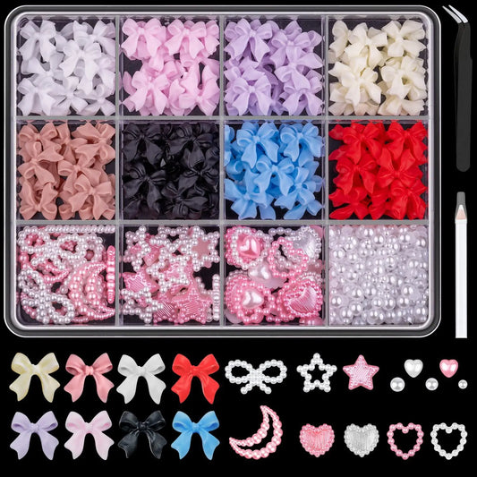 500Pcs/Box 3D Bow Nail Charms Large Box Flatback Pearls Set Nail Bows Charm + Pink&White Star Heart Moon Cute Nail Jewels