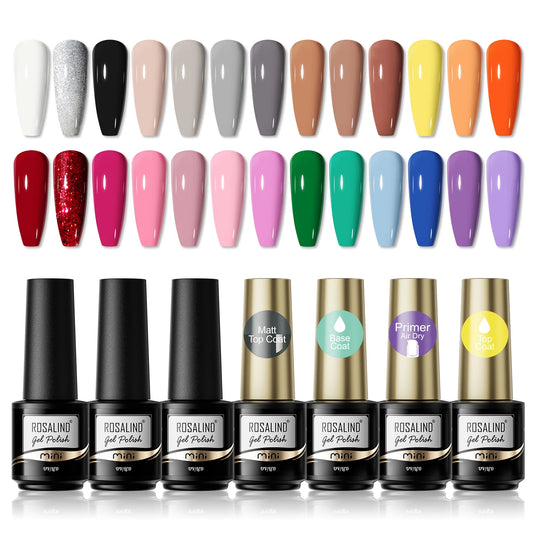 ROSALIND 20/30pcs Mini Gel Nail Polish Set with Base Top Matte Effect Semi Permanent Soak Off for Nail Art Decoration
